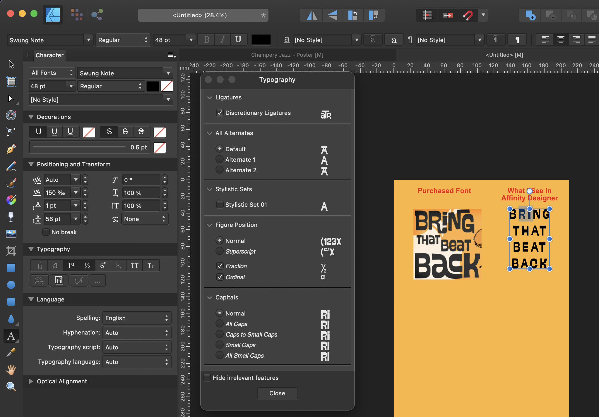 How to turn on font ligatures? PreV2 Archive of Affinity on Desktop