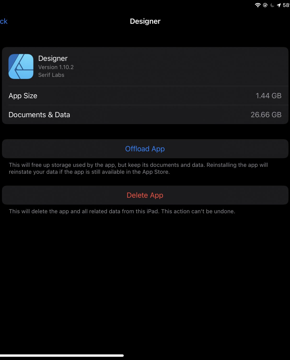 Affinity Designer taking up 28GB of storage on IPAD PreV2 Archive of