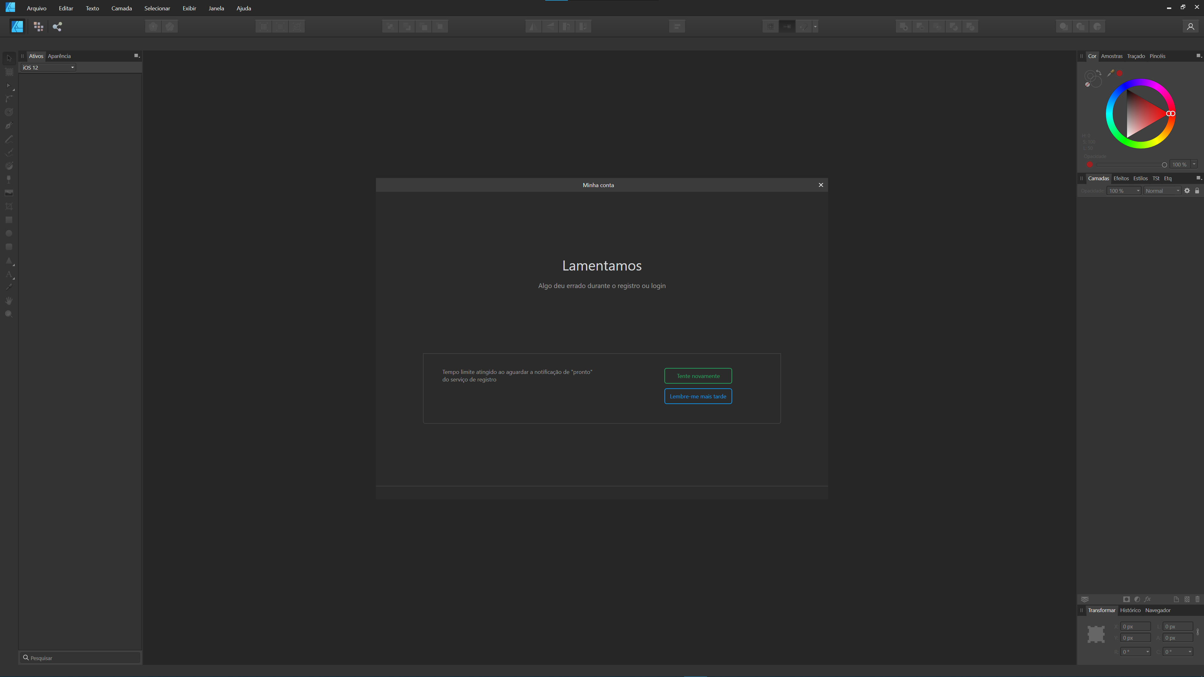 Login em conta dentro do Programa PreV2 Archive of Affinity on