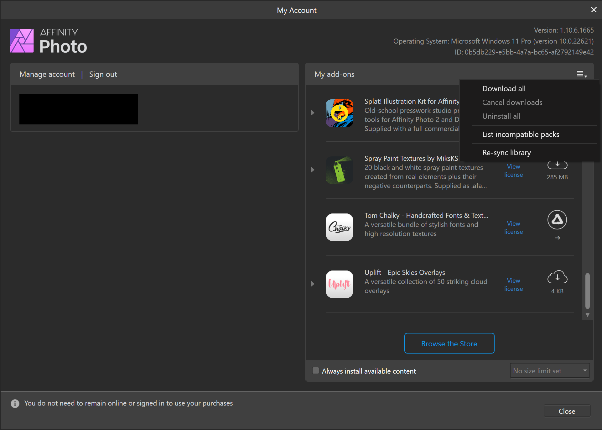 Account Window Does Not Show All Of My Add-ons (all Affinity Apps) - V2 