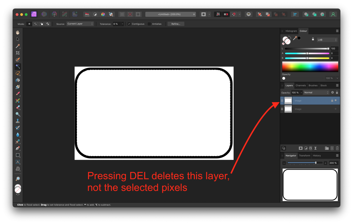 How to delete selection without deleting layer (Affinity Photo 2 on Mac