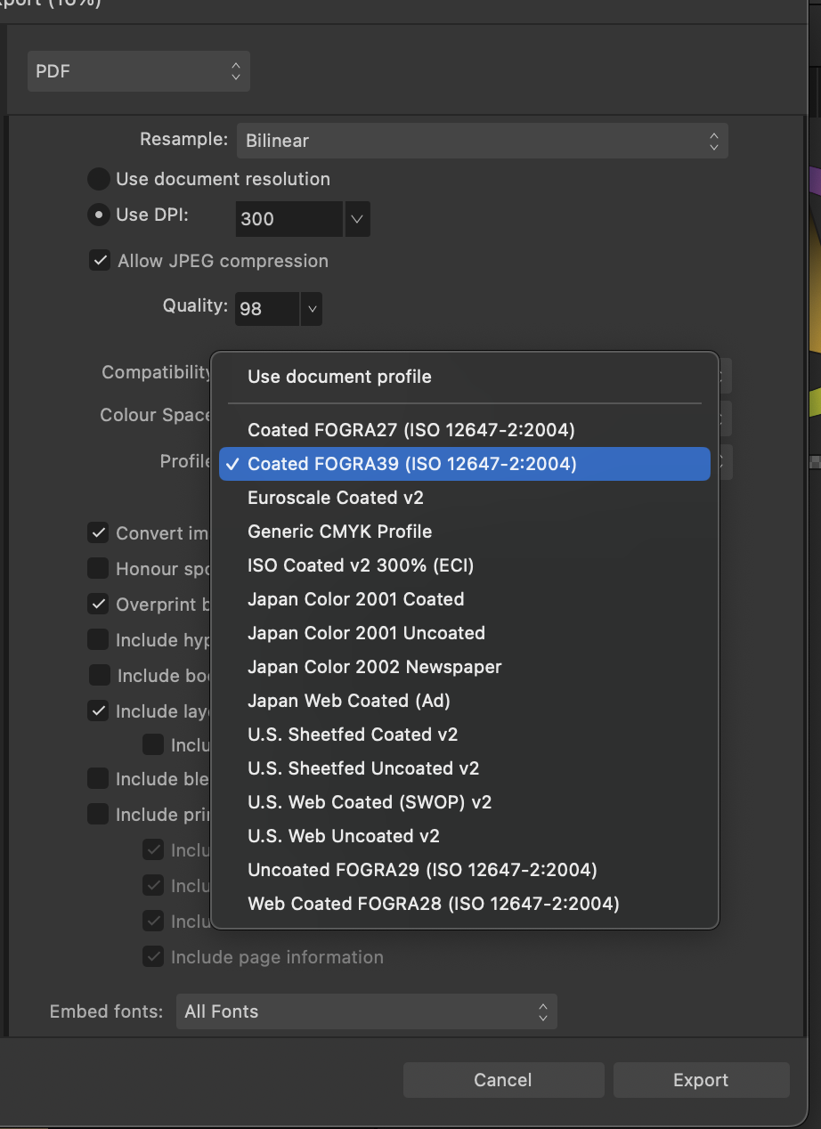 PDF export to PDF/X3 results in much darker colors Affinity on