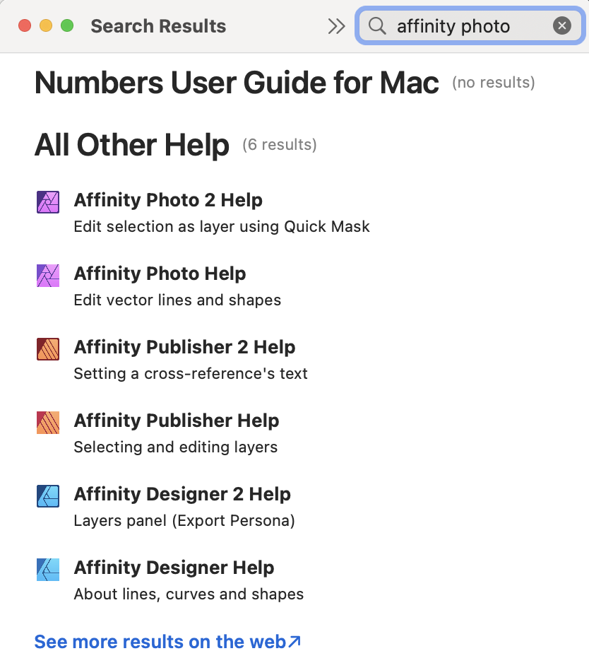 Searching local Help within any Affinity application only ever 