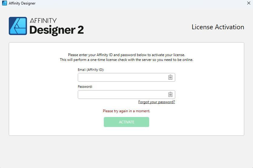 Issues with login with affinity designer and photo windows 11 v2