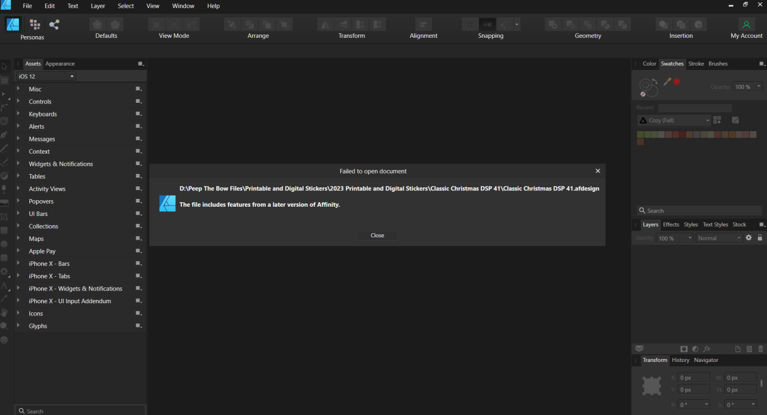 Affinity Designer error message - File includes features from a later ...
