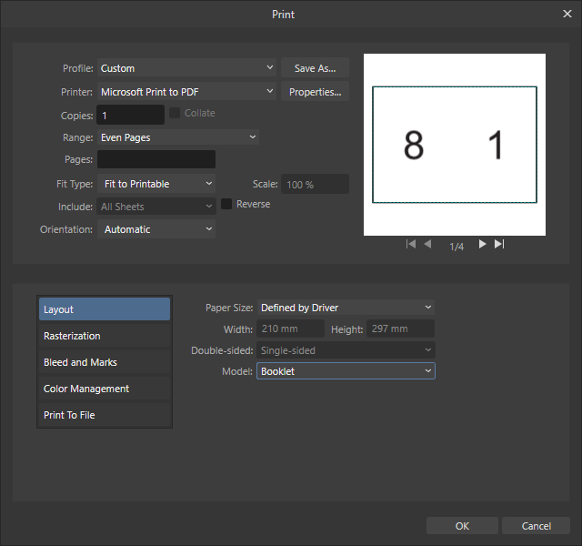 Print Odd/Even Pages ignored when using Booklet Model V2 Bugs found