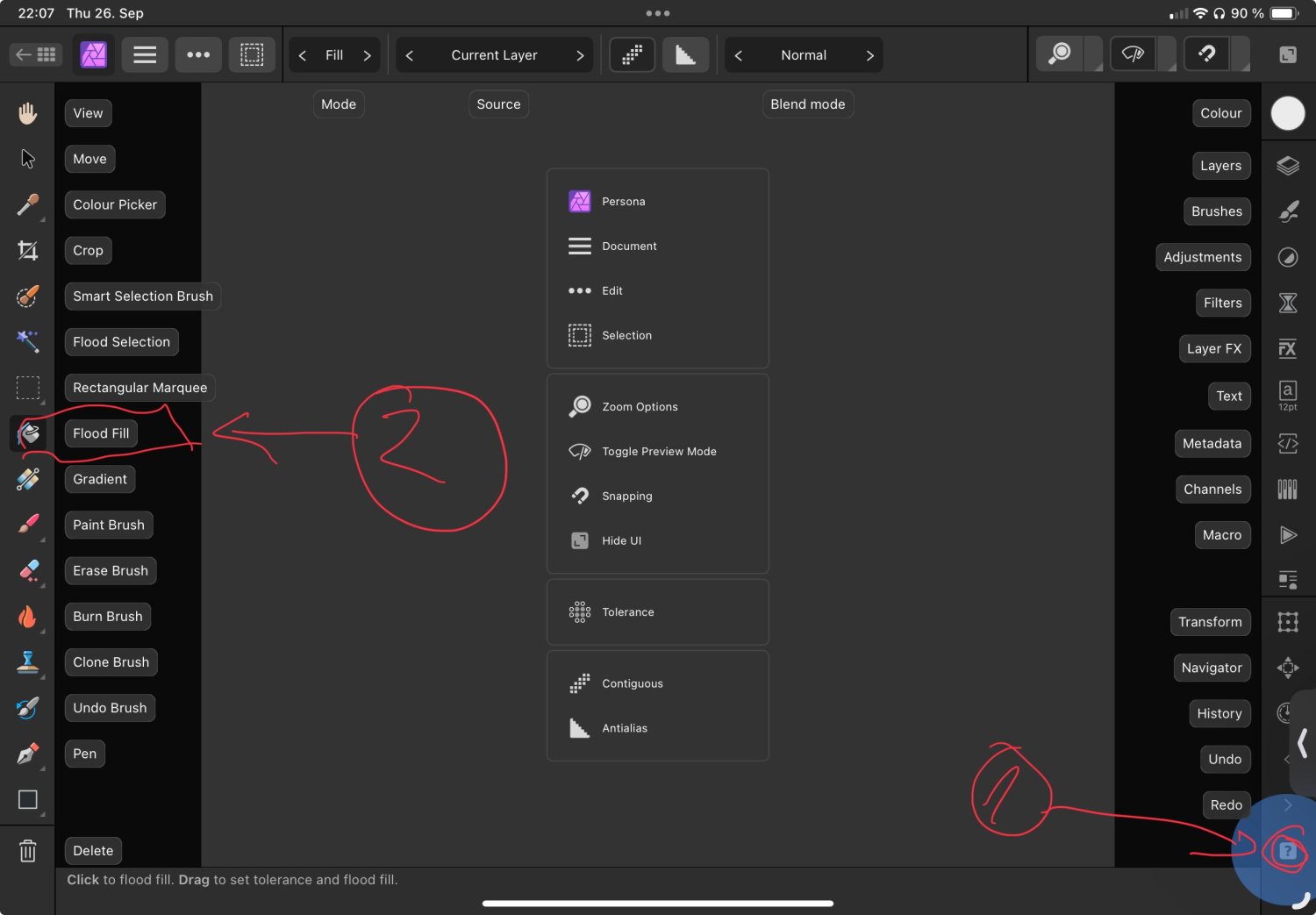 iPad AF Photo v2 fill marquee selection? "Help" is no help